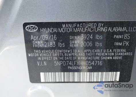 2017 Hyundai Elantra Se from USA, damaged, VIN 5NPD74LFXHH054716